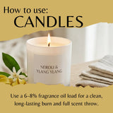 A lit white candle jar labeled 'NEROLI & YLANG YLANG' on a tabletop with a torn-paper style graphic overlay reading 'How to use: CANDLES' and usage text below.