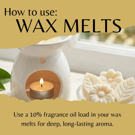 Instructional graphic titled 'How to use: WAX MELTS' showing a white ceramic wax warmer with a lit tealight candle and cream-colored flower-shaped wax melts beside it, with text explaining fragrance oil loading.