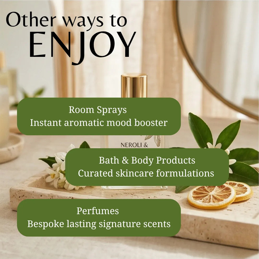 Promotional graphic for Neroli & Co room and body products, featuring a perfume bottle on a marble tray with green leaves and dried citrus slices. Large text reads 'Other ways to ENJOY' with callouts for room sprays, bath & body products, and perfumes.
