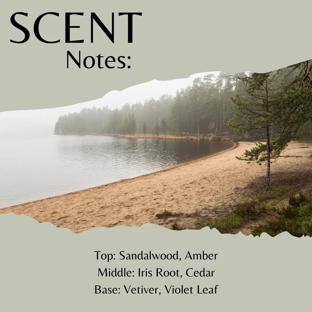 Scenic landscape with a lake and trees, featuring text about scent notes.