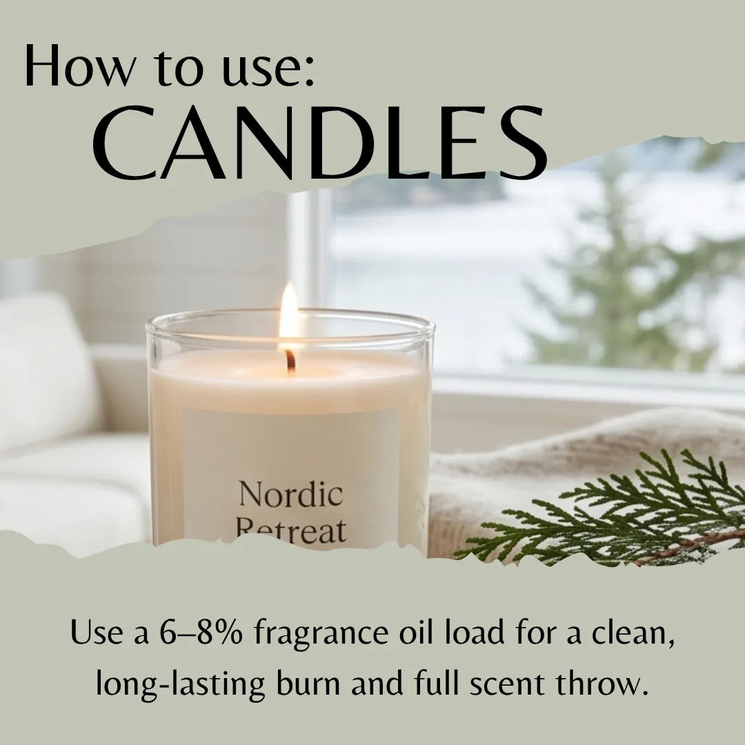 Candle labeled 'Nordic Retreat' with text on how to use candles and a blurred background.
