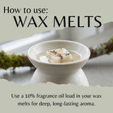 Wax melts in a white dish with text on how to use wax melts and fragrance oil load.