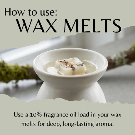 Wax melts in a white dish with text on how to use wax melts and fragrance oil load.