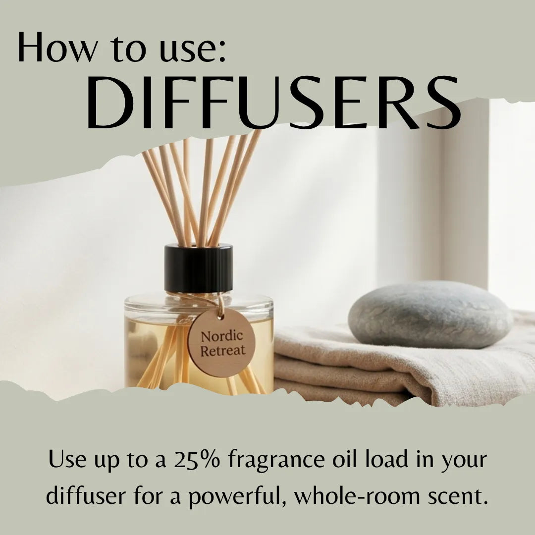 Diffuser with wooden sticks and a stone on a light background, with text about using diffusers.