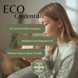 Woman holding a candle with eco-friendly product features displayed on screen