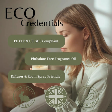 Woman holding a candle with eco-friendly product features displayed on screen