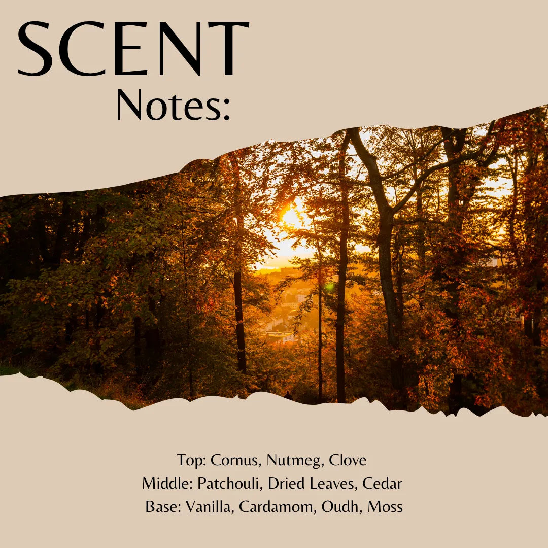 Scent Notes: cover graphic featuring a forest scene with autumn trees and warm sunlight, with text listing fragrance notes including corn, nutmeg, clove, patchouli, dried leaves, cedar, vanilla, cardamom, oudh, and moss.