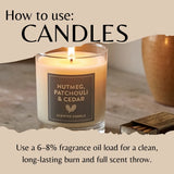 A lit scented candle in a clear glass jar with a black label reading 'Nutmeg, Patchouli & Cedar' and 'Scented Candle.' Large text at the top says 'How to use: Candles,' and smaller text at the bottom explains fragrance oil load usage.