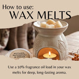 Instructional graphic titled 'How to use: WAX MELTS' showing a ceramic wax warmer with a lit candle inside, several cream wax melts in the top bowl, and a small jar lid labeled 'NUTMEG, PATCHOULI & CEDAR.' Text explains using fragrance oil load in the wax melts for deep, long-lasting aroma.