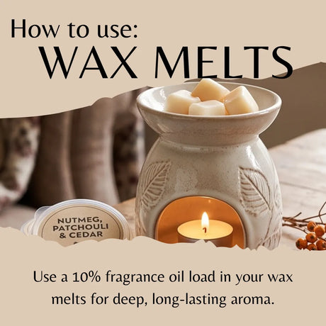 Instructional graphic titled 'How to use: WAX MELTS' showing a ceramic wax warmer with a lit candle inside, several cream wax melts in the top bowl, and a small jar lid labeled 'NUTMEG, PATCHOULI & CEDAR.' Text explains using fragrance oil load in the wax melts for deep, long-lasting aroma.