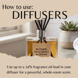 A reed diffuser bottle labeled 'Nutmeg, Patchouli & Cedar' with black reeds, shown with overlaid text reading 'How to use: DIFFUSERS' and usage copy about fragrance oil load.