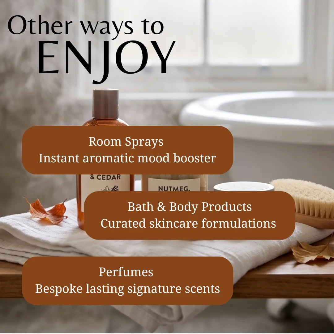 Promotional graphic with the text 'Other ways to ENJOY' over a softly blurred bathroom scene. Three brown rounded text boxes list product categories: 'Room Sprays', 'Bath & Body Products', and 'Perfumes'.