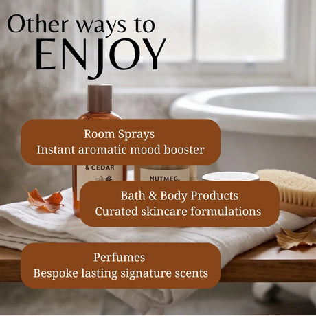 Promotional graphic with the text 'Other ways to ENJOY' over a softly blurred bathroom scene. Three brown rounded text boxes list product categories: 'Room Sprays', 'Bath & Body Products', and 'Perfumes'.