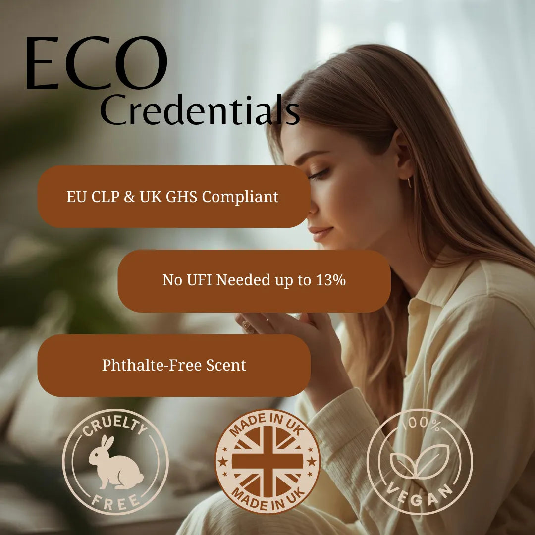 Promotional graphic for a fragrance product with the text 'ECO Credentials' and three brown callout boxes listing compliance benefits: EU CLP & UK GHS Compliant, No UFI Needed up to 13%, and Phthalate-Free Scent. Three circular badges at the bottom read Cruelty Free, Made in UK, and Vegan.