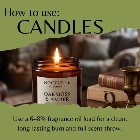 An informational graphic titled 'How to use: CANDLES' shows a lit amber glass candle jar labeled 'Nocturne Botanicals Oakmoss & Amber' in a cozy indoor setting with books and a brass holder. Text explains fragrance oil load recommendations.