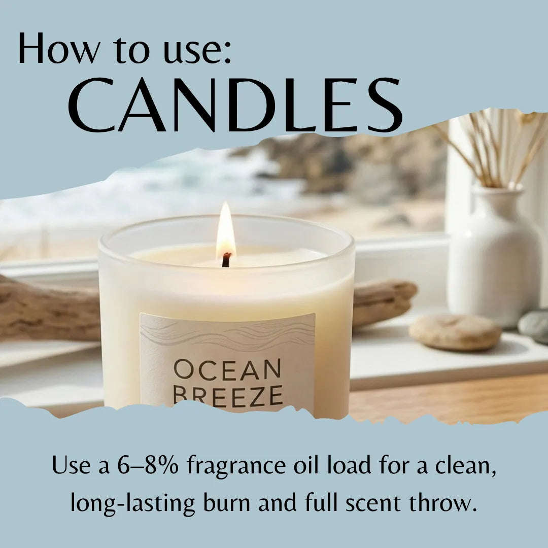 A lit glass candle labeled 'OCEAN BREEZE' with overlaid text reading 'How to use: CANDLES' and usage instructions below, set against a soft blue graphic background with a blurred window scene behind the candle.