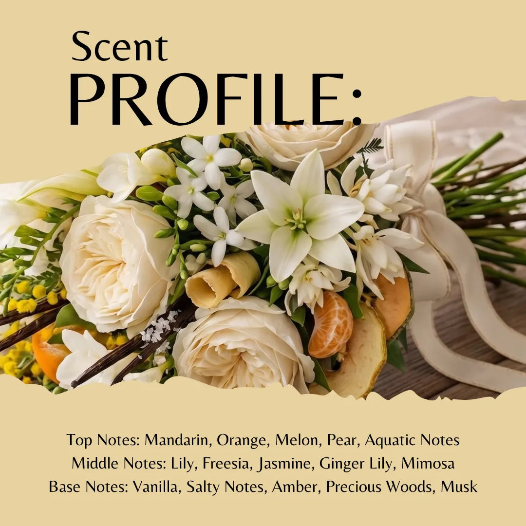 Scent profile graphic for a floral bouquet, showing a close-up of cream roses, white lilies, green foliage, and orange slices with a cream ribbon on a beige background. Text reads 'Scent PROFILE:' and lists top, middle, and base notes.