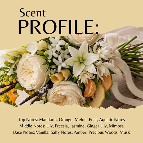 Scent profile graphic for a floral bouquet, showing a close-up of cream roses, white lilies, green foliage, and orange slices with a cream ribbon on a beige background. Text reads 'Scent PROFILE:' and lists top, middle, and base notes.