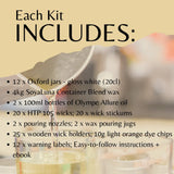 A product information graphic with the heading 'Each Kit INCLUDES:' over a softly blurred photo of wax pouring into containers. A bulleted list details included items such as 12 Oxford jars, 4kg SoyaLuna Container Blend wax, 2 x 100ml bottles of Oleme Allure oil, wicks, pouring nozzles, wooden wick holders, dye chips, and an ebook.