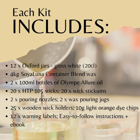 A product information graphic with the heading 'Each Kit INCLUDES:' over a softly blurred photo of wax pouring into containers. A bulleted list details included items such as 12 Oxford jars, 4kg SoyaLuna Container Blend wax, 2 x 100ml bottles of Oleme Allure oil, wicks, pouring nozzles, wooden wick holders, dye chips, and an ebook.