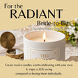 A lit white candle jar labeled 'THE RADIANT' with text reading 'For the RADIANT Bride-to-Be' and 'Sparkling Floral • Citrus & Amber,' shown with decorative props on a beige background.