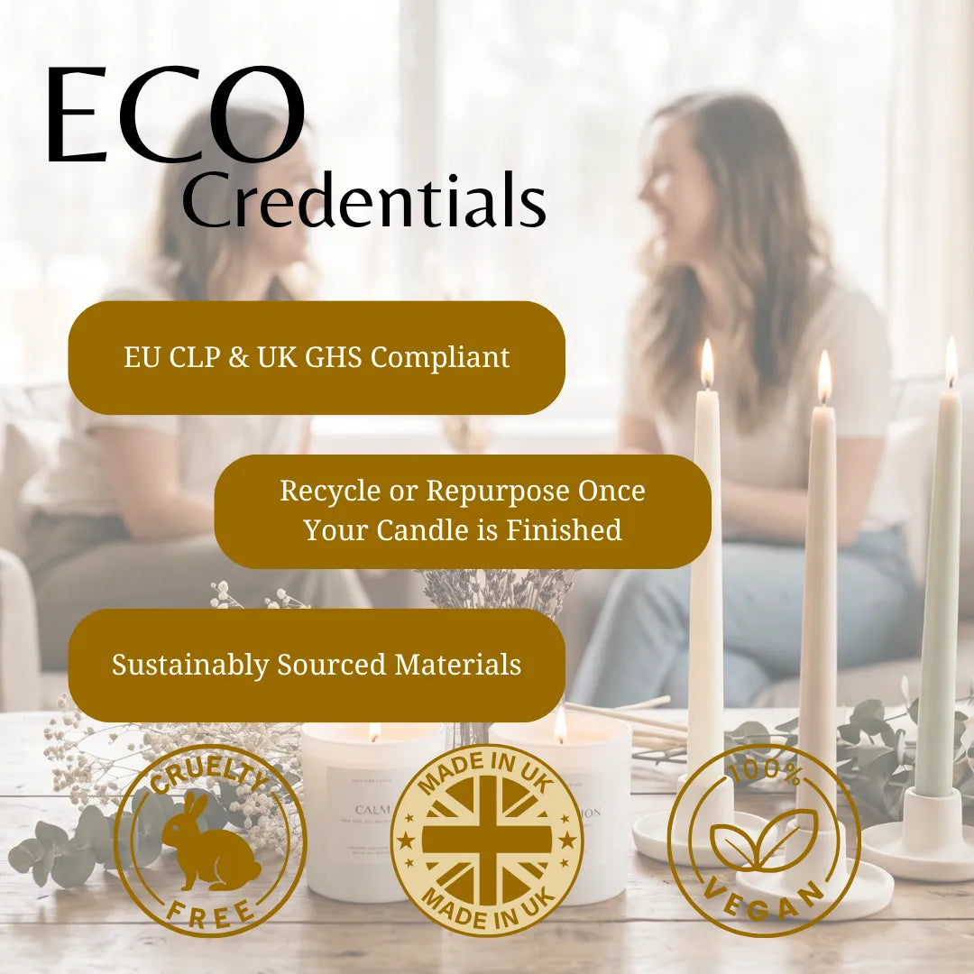 Promotional graphic for 'ECO Credentials' featuring three white beeswax candles on a table with lit taper candles in the background. Text highlights compliance with EU CLP & UK GHS, recyclability, sustainably sourced materials, cruelty-free, UK made, and vegan claims, with circular gold badges at the bottom.