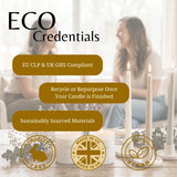 Promotional graphic for 'ECO Credentials' featuring three white beeswax candles on a table with lit taper candles in the background. Text highlights compliance with EU CLP & UK GHS, recyclability, sustainably sourced materials, cruelty-free, UK made, and vegan claims, with circular gold badges at the bottom.