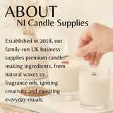 Promotional graphic for NI Candle Supplies showing a hand lighting a candle with a match beside a lit candle in a glass jar. Large text reads 'ABOUT NI Candle Supplies' with company history on a warm cream background.