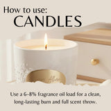 A lit white scented candle with a gold label reading 'Verve Allure' on a beige background, with text reading 'How to use: Candles' and usage instructions below.