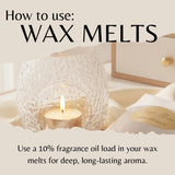 Instructional graphic titled 'How to use: WAX MELTS' showing a lit candle inside a textured clear glass holder, with a wax melt package and text explaining fragrance oil loading for deep aroma.