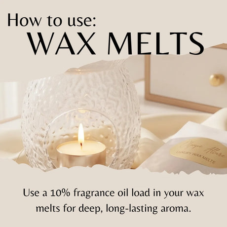 Instructional graphic titled 'How to use: WAX MELTS' showing a lit candle inside a textured clear glass holder, with a wax melt package and text explaining fragrance oil loading for deep aroma.