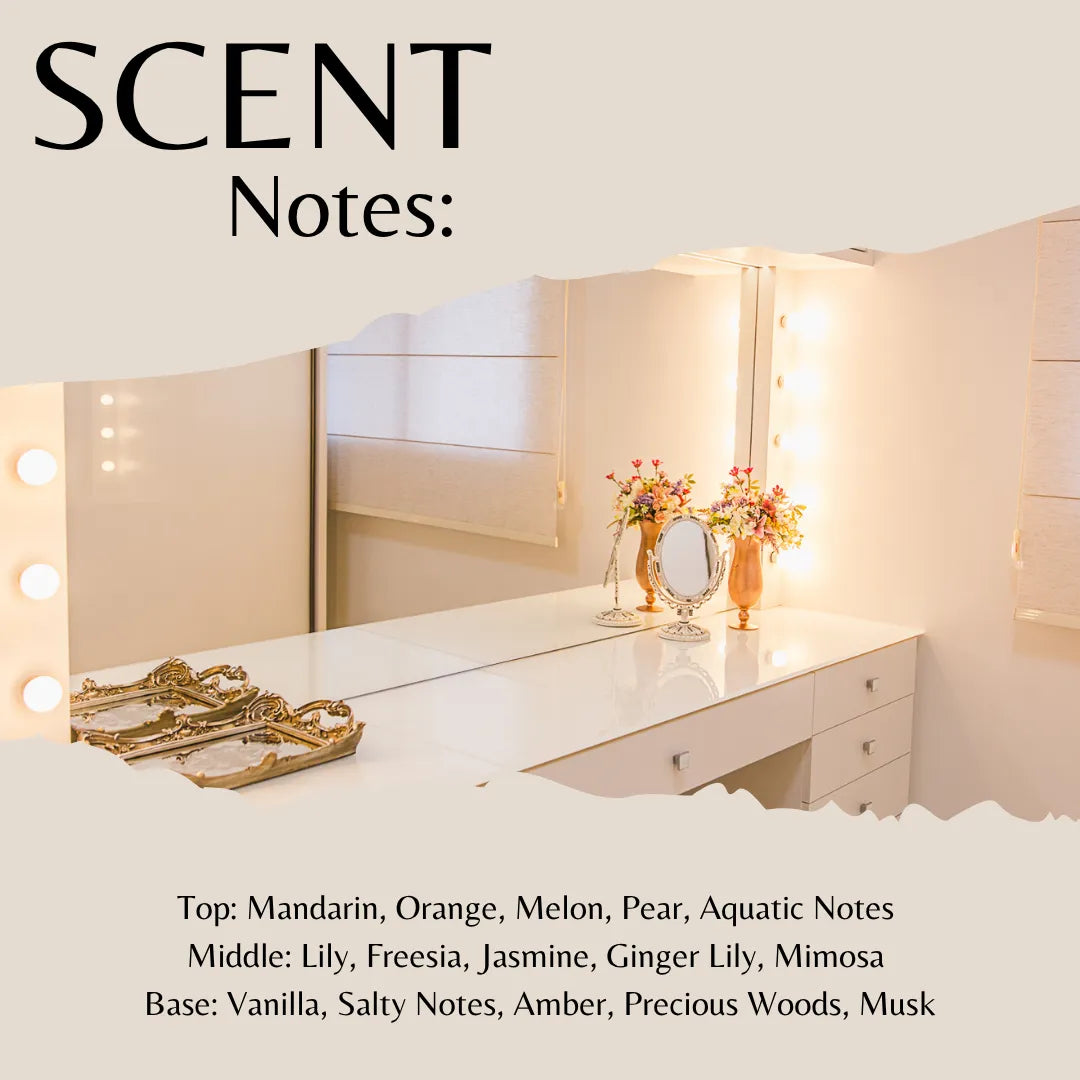 Scent Notes graphic featuring a warm vanity scene with a white makeup table, mirror, flowers, and string lights, with text listing fragrance notes across top and bottom on a beige background.