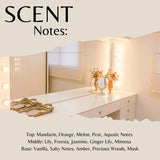 Scent Notes graphic featuring a warm vanity scene with a white makeup table, mirror, flowers, and string lights, with text listing fragrance notes across top and bottom on a beige background.