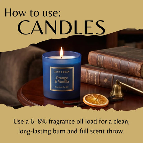 A styled product graphic showing a frosted blue candle jar with flame labelled 'Zest & Bean Orange & Vanilla' on a wooden surface. Large text at the top reads 'How to use: CANDLES,' and smaller text at the bottom explains using fragrance oil load for a long-lasting burn.