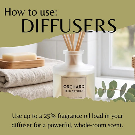 A reed diffuser bottle labeled 'ORCHID REED DIFFUSER' sits on a windowsill with folded towels, a bar of soap, and eucalyptus leaves. Large text at the top reads 'How to use: DIFFUSERS' and the bottom text explains using up to 25% fragrance oil load.