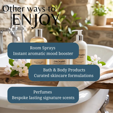 Promotional graphic for orchid bath and body products, featuring a room spray bottle and a pump bottle labeled 'ORCHID FLOWERING APPLE SCENT' on a bathroom towel by a bathtub, with text overlays describing room sprays, bath & body products, and perfumes.
