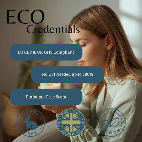 A promotional graphic for a candle with a woman holding it, overlaid with text reading 'ECO Credentials' and feature callouts: 'EU CLP & UK GHS Compliant', 'No UFI Needed up to 100%', and 'Phthalate-Free Scent'. Three blue certification-style badges appear at the bottom: Cruelty Free, Made in UK, and 100% Vegan.