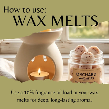 A lifestyle-style instructional graphic showing a cream wax warmer with a lit tealight candle and a glass jar of orchid wax melts on a windowsill. Large text reads 'How to use: WAX MELTS' and smaller text explains using fragrance oil load in the wax melts for deep, long-lasting aroma.