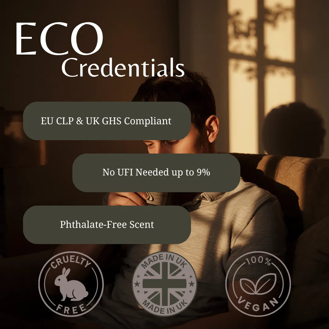 A promotional graphic for a fragrance product with the headline 'ECO Credentials' over a warm, dimly lit scene of a man sitting on a couch. Three dark rounded text boxes list compliance and scent claims: 'EU CLP & UK GHS Compliant', 'No UFI Needed up to 9%', and 'Phthalate-Free Scent'.