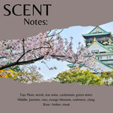 Scent notes graphic with a torn-paper style photo of cherry blossoms and a Japanese castle, plus text listing fragrance notes: top notes include plum, neroli, star anise, cardamom, and green notes; middle notes include jasmine, rose, orange blossom, cashmere, ylang; base note is amber and musk.