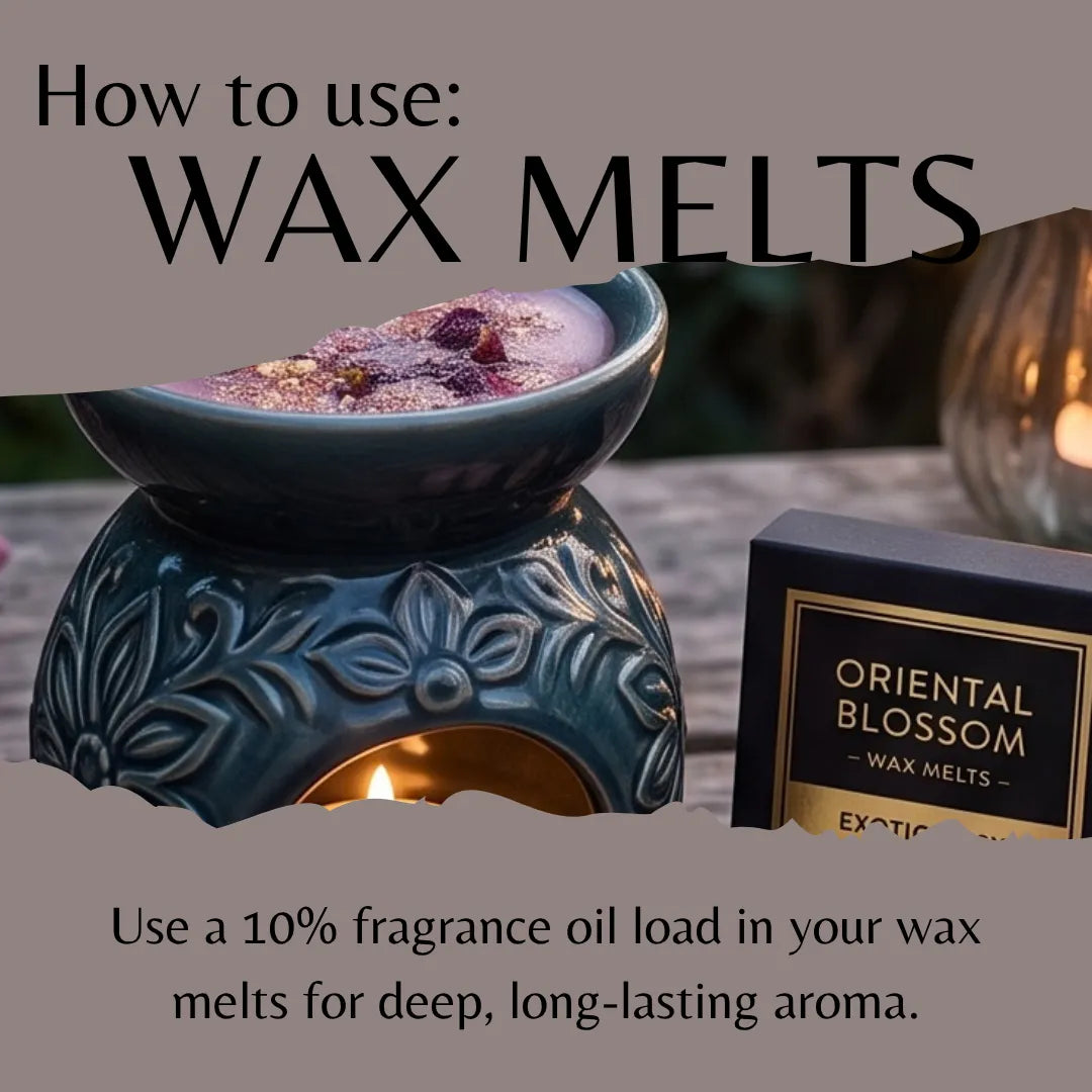 An instructional graphic showing a teal ceramic wax warmer with a lit candle inside, alongside a black box labeled 'Oriental Blossom Wax Melts.' Large text reads 'How to use: WAX MELTS' and additional text explains using fragrance oil load for deep, long-lasting aroma.
