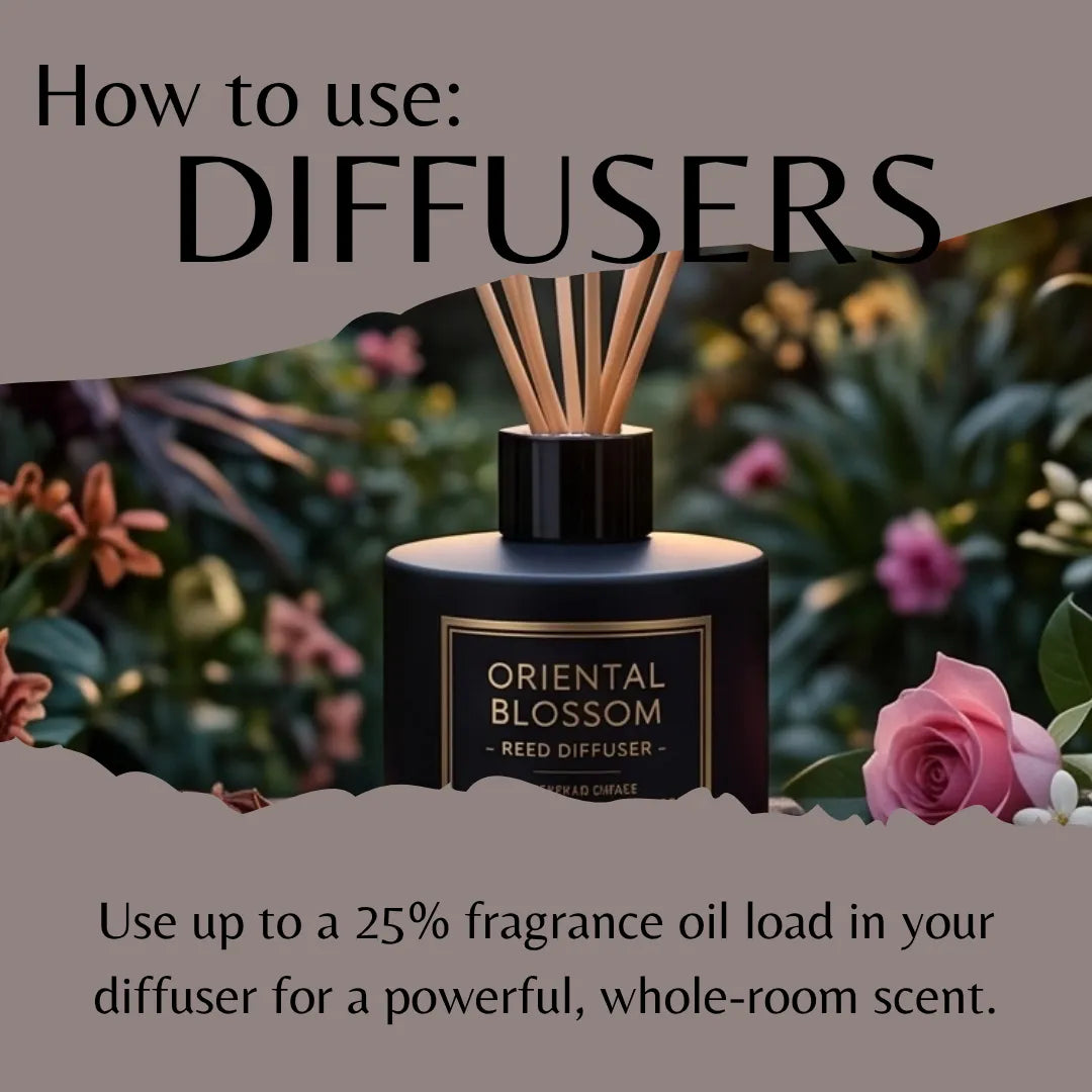 A reed diffuser bottle labeled 'ORIENTAL BLOSSOM REED DIFFUSER' centered in a garden-like setting with flowers and greenery, overlaid with text reading 'How to use: DIFFUSERS' and usage instructions.