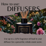 A reed diffuser bottle labeled 'ORIENTAL BLOSSOM REED DIFFUSER' centered in a garden-like setting with flowers and greenery, overlaid with text reading 'How to use: DIFFUSERS' and usage instructions.