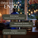 Promotional graphic for fragrance and wellness products with the headline 'Other ways to ENJOY' over a styled tabletop scene. Visible items include an orange-labeled bottle, a dark body butter jar, and text callouts reading 'Room Sprays,' 'Bath & Body Products,' and 'Perfumes.
