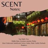 A scent profile graphic with the title 'SCENT Notes:' on a dusty pink background, featuring a nighttime photograph of a lantern-lit street scene with greenery and red lanterns. Text at the bottom lists fragrance notes: Top: Oudh, Clove; Middle: Rose, Geranium, Jasmine, Praline; Base: Cedarwood, Sandalwood, Vetiver, Amber, Musk, Vanilla, Patchouli, Raspberry.