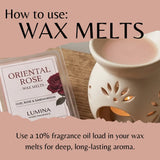 A product usage graphic for Lumina wax melts showing a package labeled 'Oriental Rose' next to a white ceramic wax warmer with a lit candle inside, on a wood surface against a dusty pink background with text explaining how to use wax melts.