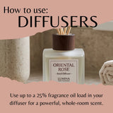 A reed diffuser bottle labeled 'ORIENTAL ROSE' by Lumina Home Fragrance, shown with wooden reeds in a cutout collage layout with text reading 'How to use: DIFFUSERS' and usage instructions.