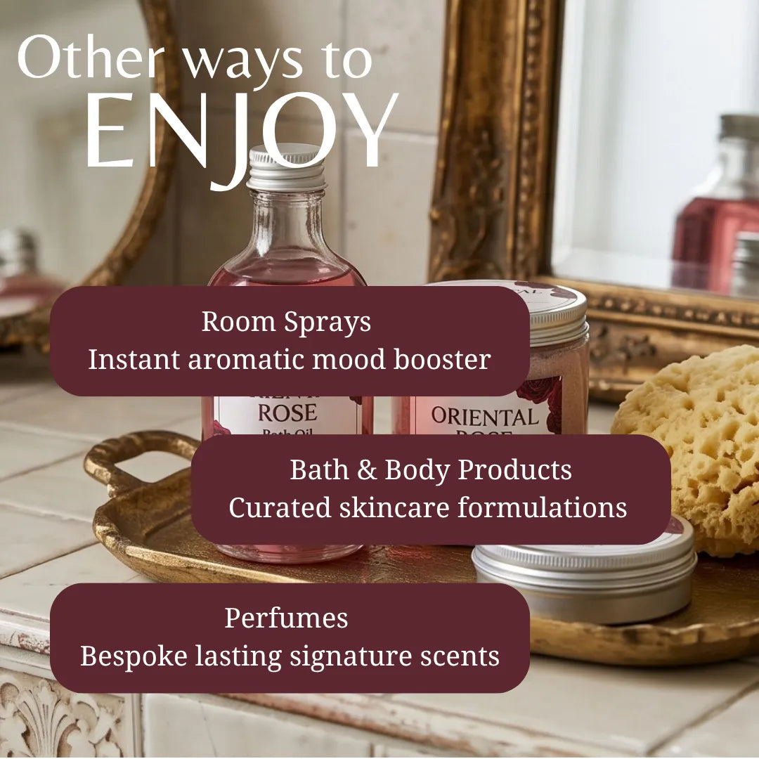 A styled product collage showing bath and body items on a tray beside a mirror in a bathroom setting, with overlaid text reading 'Other ways to ENJOY' and callouts for room sprays, bath & body products, and perfumes.