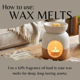 A white and light wood wax warmer with a lit tealight candle inside, shown on a wooden table in a cozy room setting. Large text at the top reads 'How to use: WAX MELTS' and smaller text at the bottom explains using fragrance oil load for deep, long-lasting aroma.