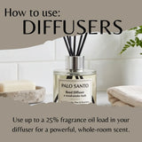 A reed diffuser bottle labeled PALO SANTO is shown in a bathroom-like setting with towels, soap, and a plant, under a taupe banner that reads 'How to use: DIFFUSERS' and includes usage text about fragrance oil load.